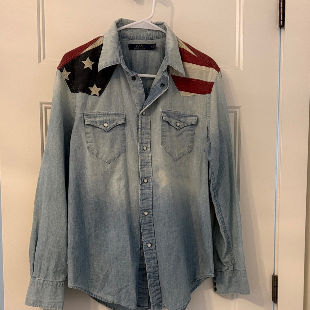 Ralph Lauren Light Blue Denim Shirt with Flag Accents